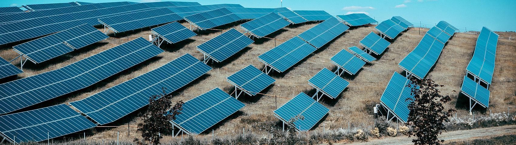 Rows of blue solar panels under an open sky